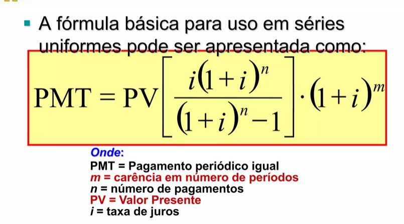 imagem de um cartão branco com texto informado sobre uma fórmula matemática para cálculo da prestação no sistema price